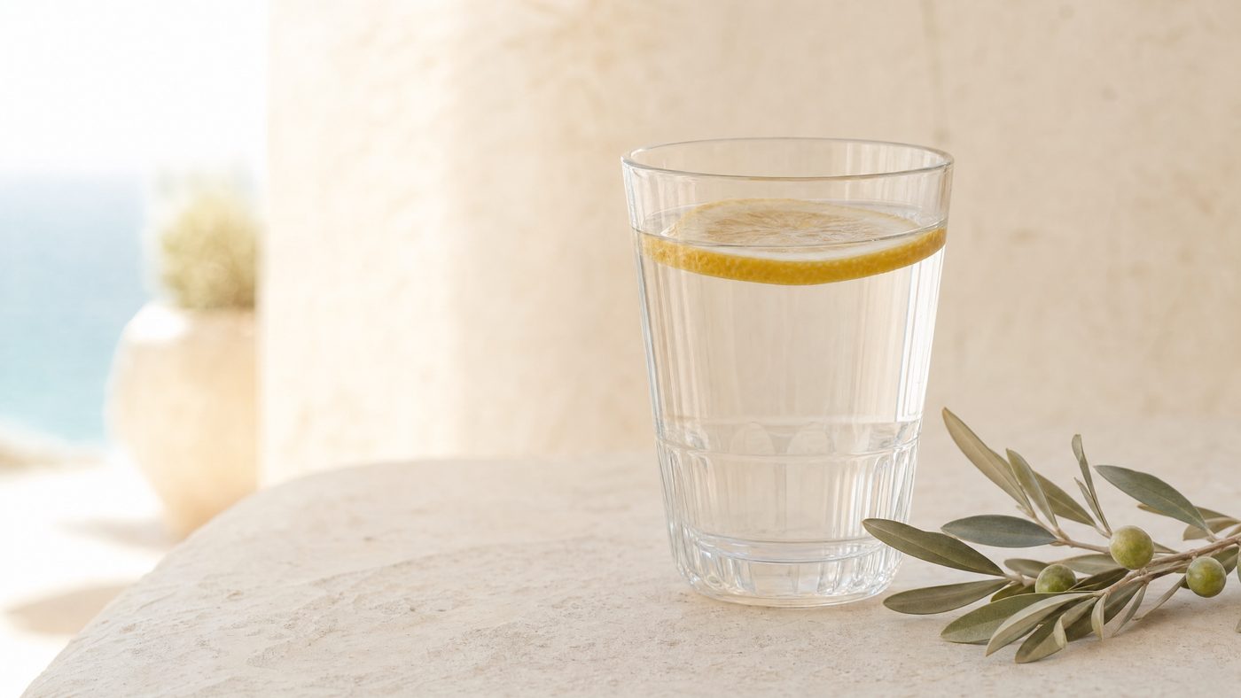 Wasserglas mit Zitrone und Olivenzweig – Fühlen, Körperwahrnehmung