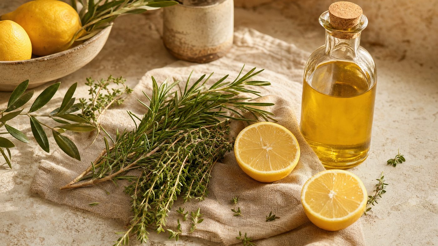 Frische Kräuter, Zitronen und Olivenöl auf Leinen – Versorgen, Ernährung und Körperpflege