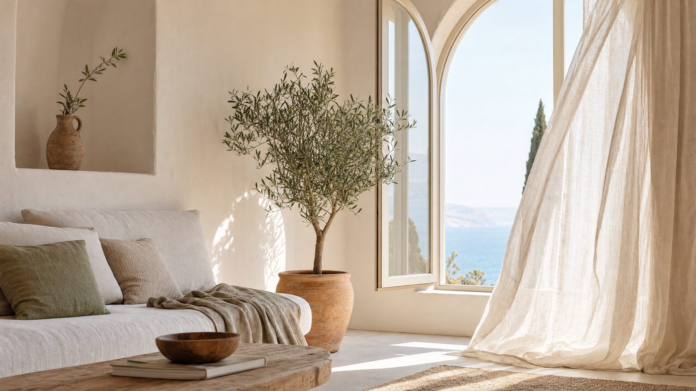 Heller mediterraner Raum mit Bogenfenster und Olivenbaum – Verstehen, Signale einordnen